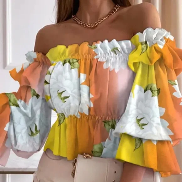 Tropical Floral Off the Shoulder Blouse. - Picture 14 of 15